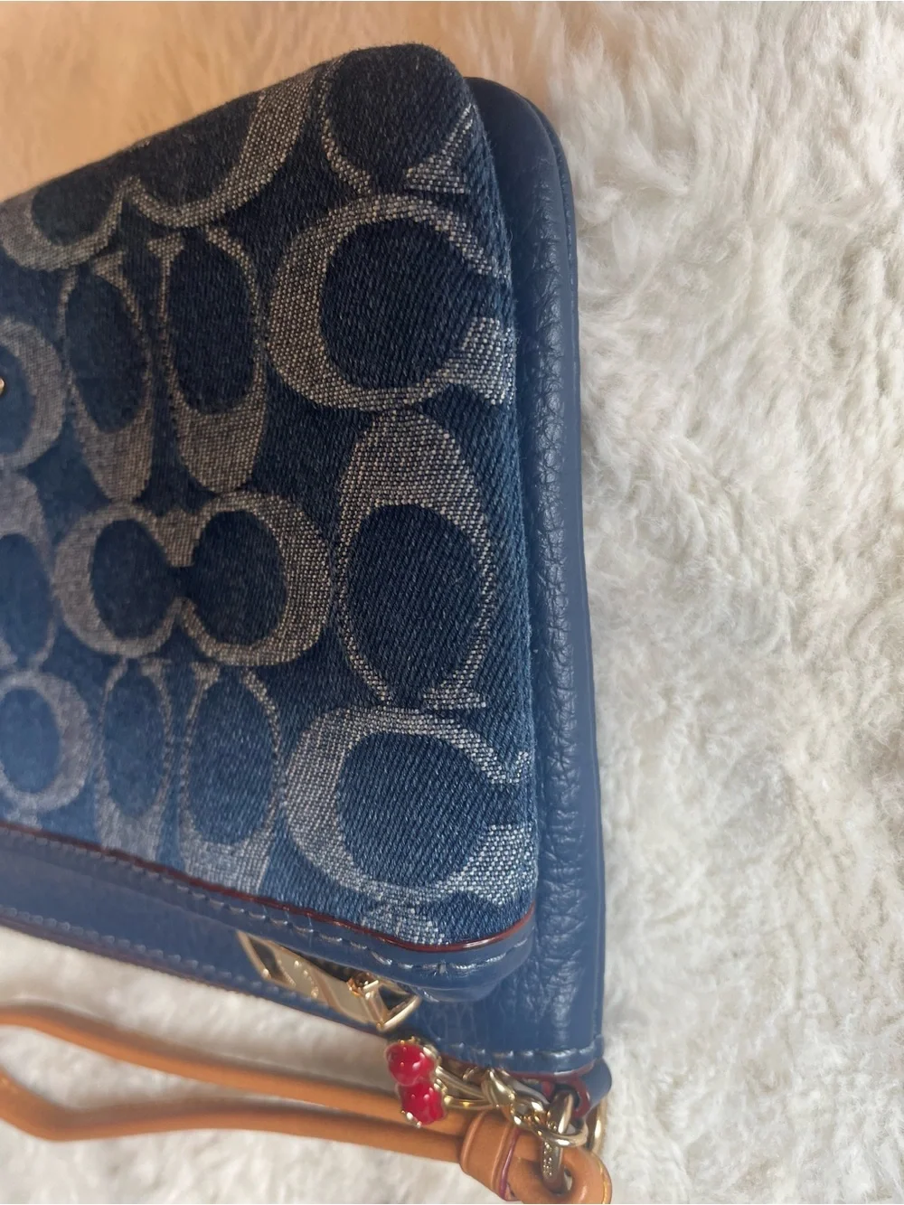 Coach Double Zip Denim Blue Signature Denim Wristlet